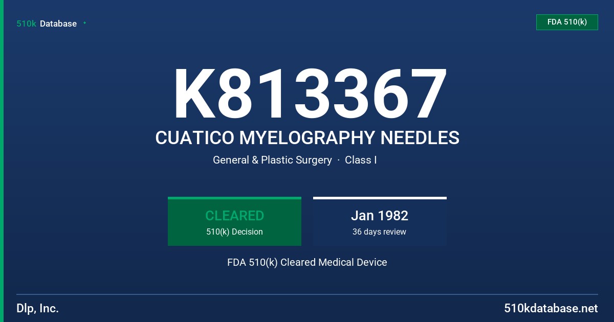 K813367 CUATICO MYELOGRAPHY NEEDLES FDA 510(k) Cleared Medical Device