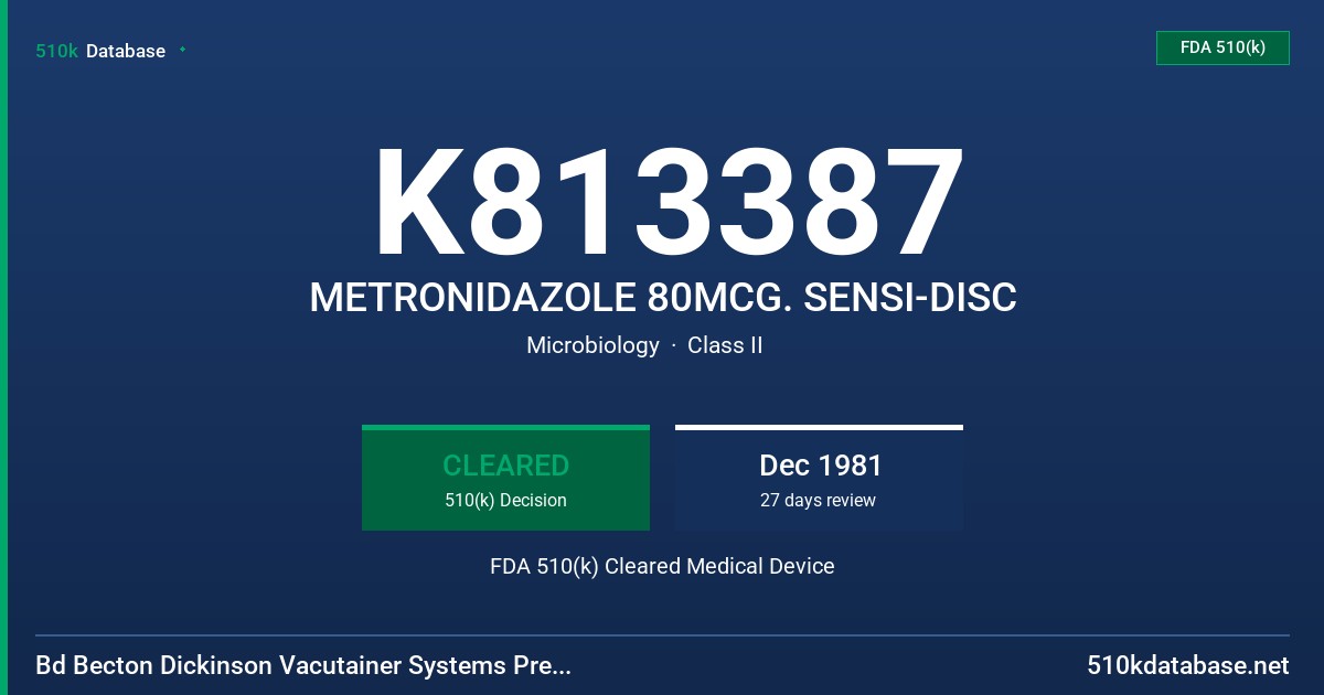 K813387 METRONIDAZOLE 80MCG. SENSI-DISC FDA 510(k) Cleared Medical Device
