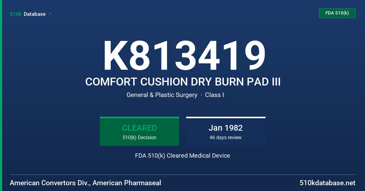 K813419 COMFORT CUSHION DRY BURN PAD III FDA 510(k) Cleared Medical Device