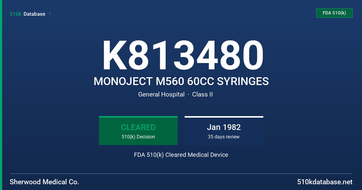K813480 MONOJECT M560 60CC SYRINGES FDA 510(k) Cleared Medical Device