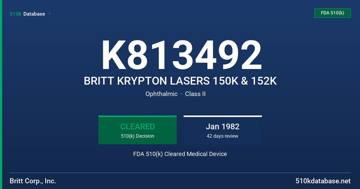 K813492 BRITT KRYPTON LASERS 150K & 152K FDA 510(k) Cleared Medical Device