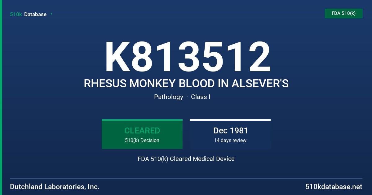K813512 RHESUS MONKEY BLOOD IN ALSEVER'S FDA 510(k) Cleared Medical Device