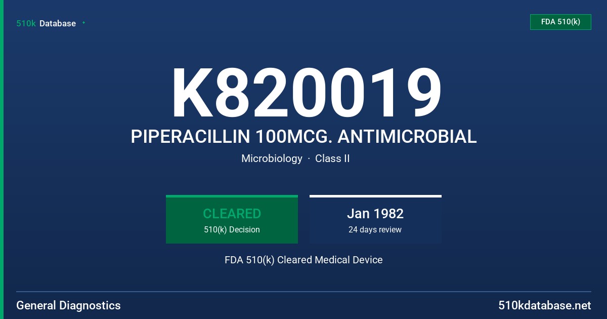 K820019 PIPERACILLIN 100MCG. ANTIMICROBIAL FDA 510(k) Cleared Medical Device