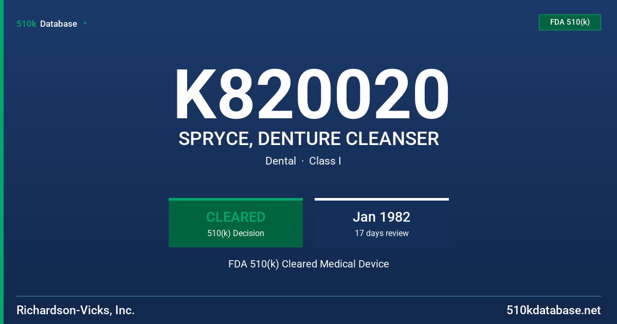 K820020 SPRYCE, DENTURE CLEANSER FDA 510(k) Cleared Medical Device
