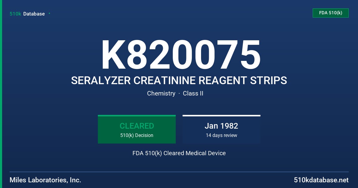 K820075 SERALYZER CREATININE REAGENT STRIPS FDA 510(k) Cleared Medical Device