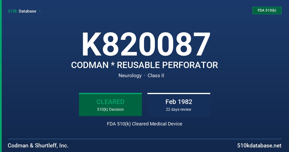 K820087 CODMAN * REUSABLE PERFORATOR FDA 510(k) Cleared Medical Device