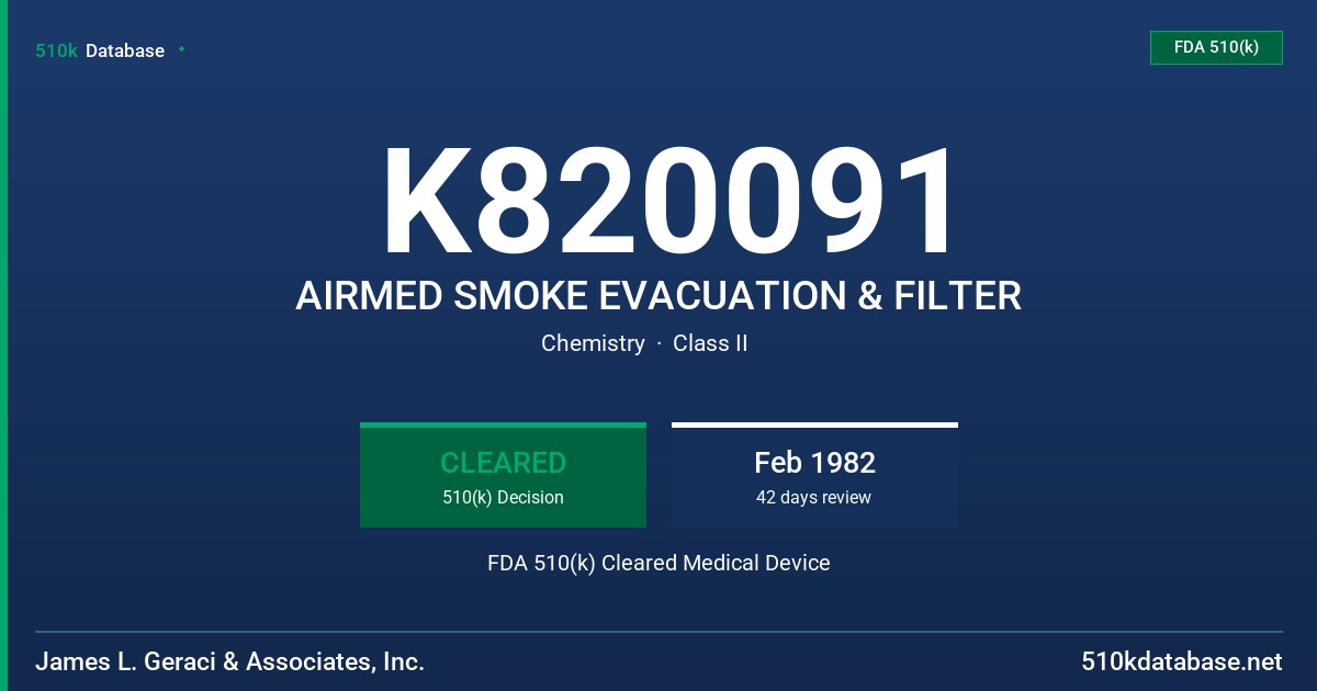 K820091 AIRMED SMOKE EVACUATION & FILTER FDA 510(k) Cleared Medical Device