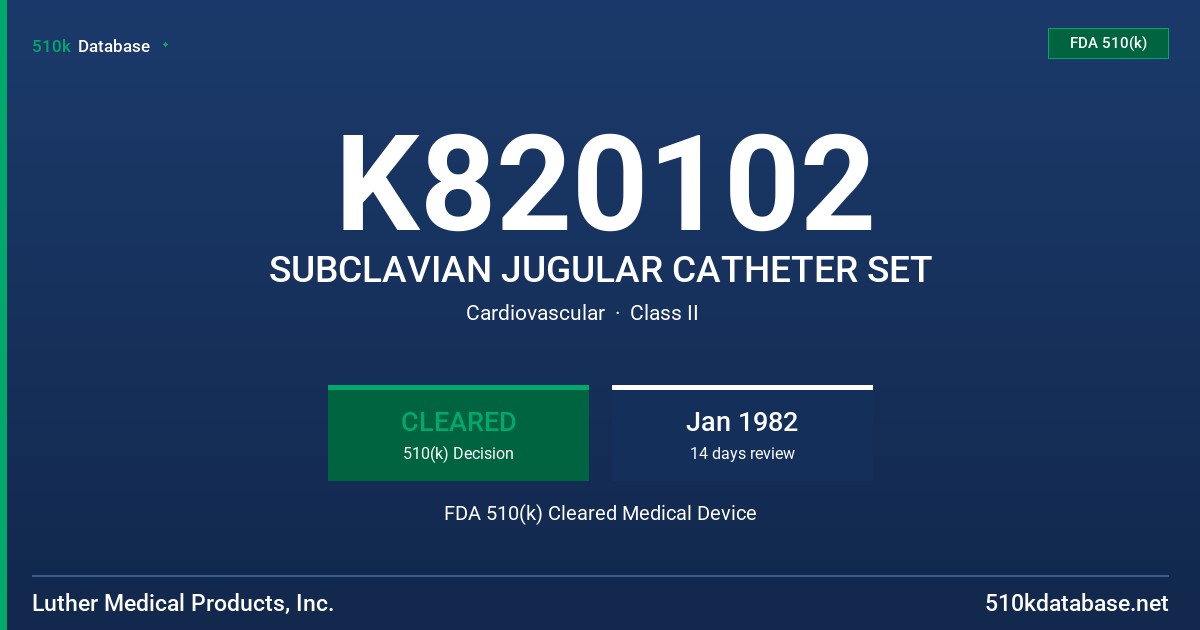 K820102 SUBCLAVIAN JUGULAR CATHETER SET FDA 510(k) Cleared Medical Device