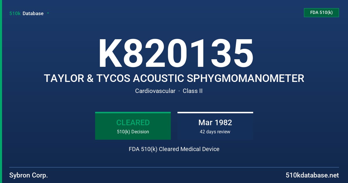 K820135 TAYLOR & TYCOS ACOUSTIC SPHYGMOMANOMETER FDA 510(k) Cleared Medical Device