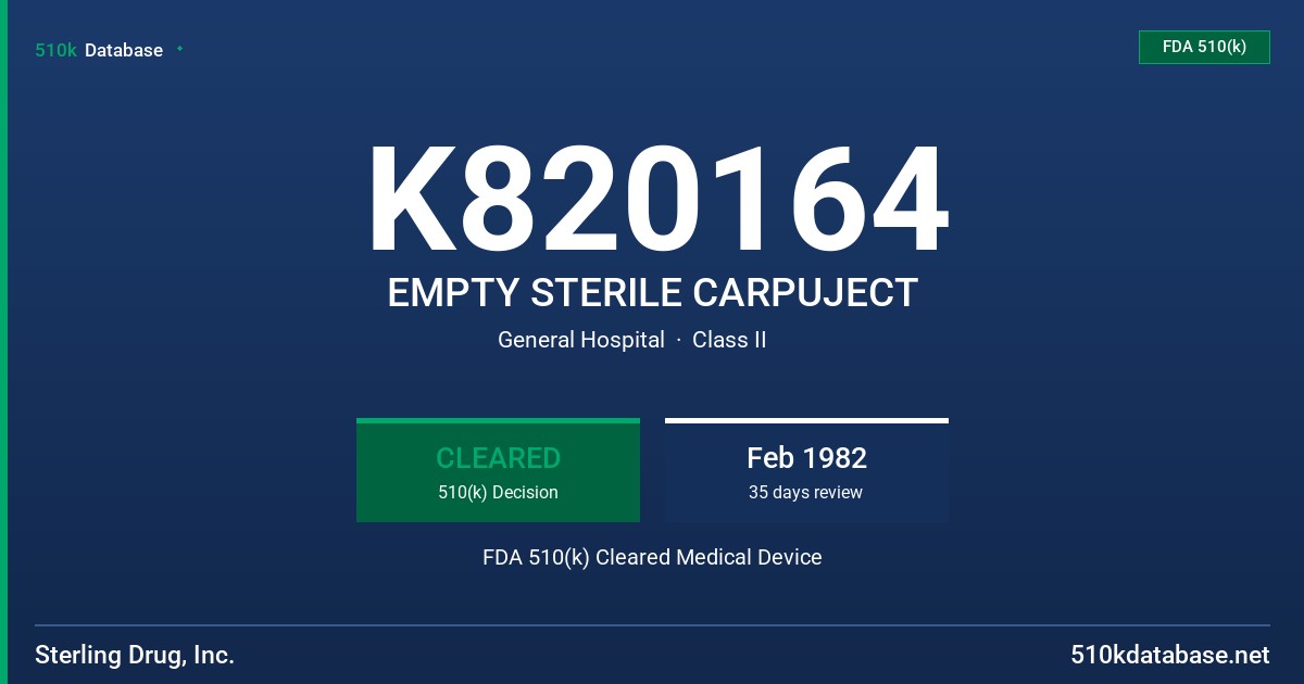K820164 EMPTY STERILE CARPUJECT FDA 510(k) Cleared Medical Device