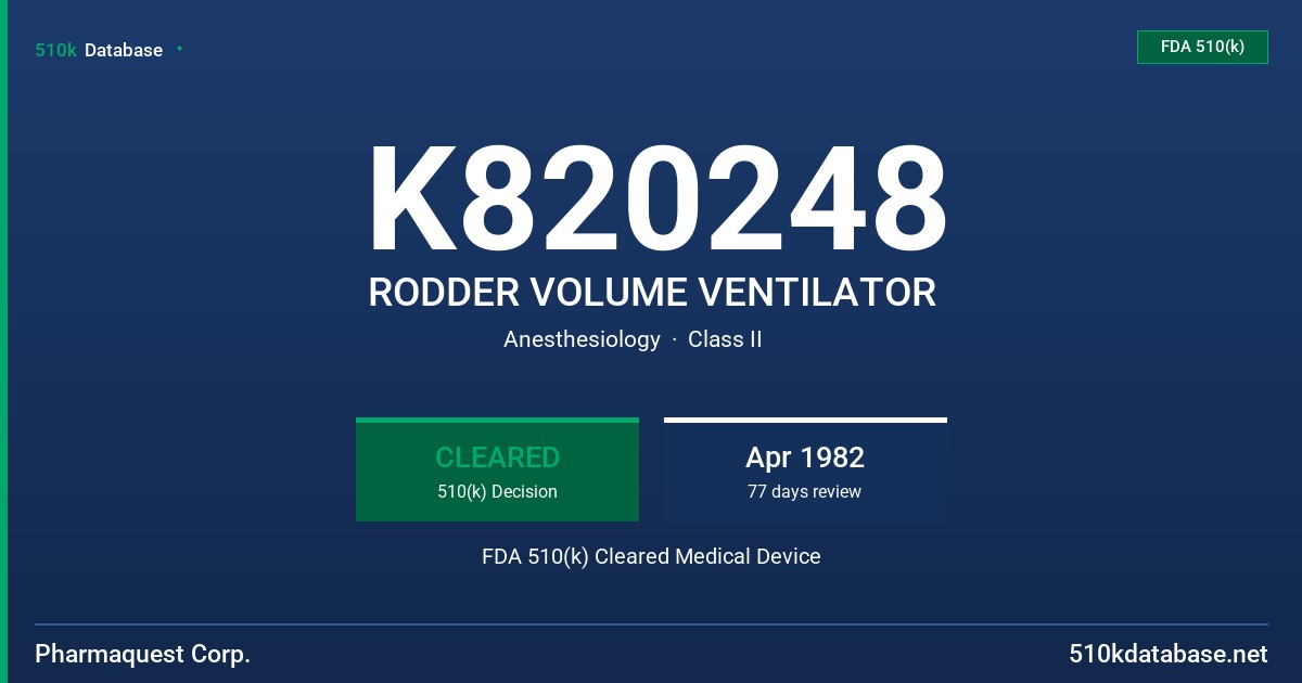 K820248 RODDER VOLUME VENTILATOR FDA 510(k) Cleared Medical Device