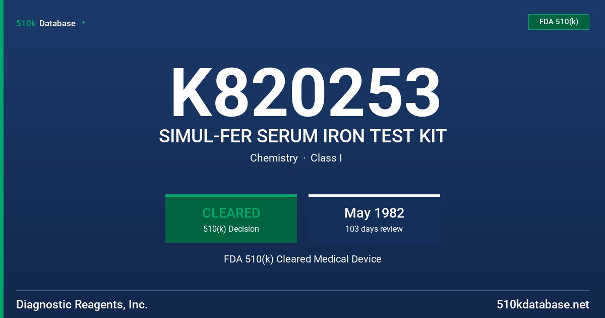 K820253 SIMUL-FER SERUM IRON TEST KIT FDA 510(k) Cleared Medical Device