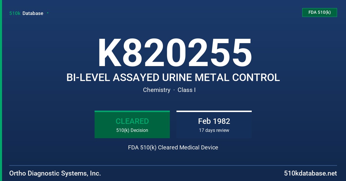 K820255 BI-LEVEL ASSAYED URINE METAL CONTROL FDA 510(k) Cleared Medical Device