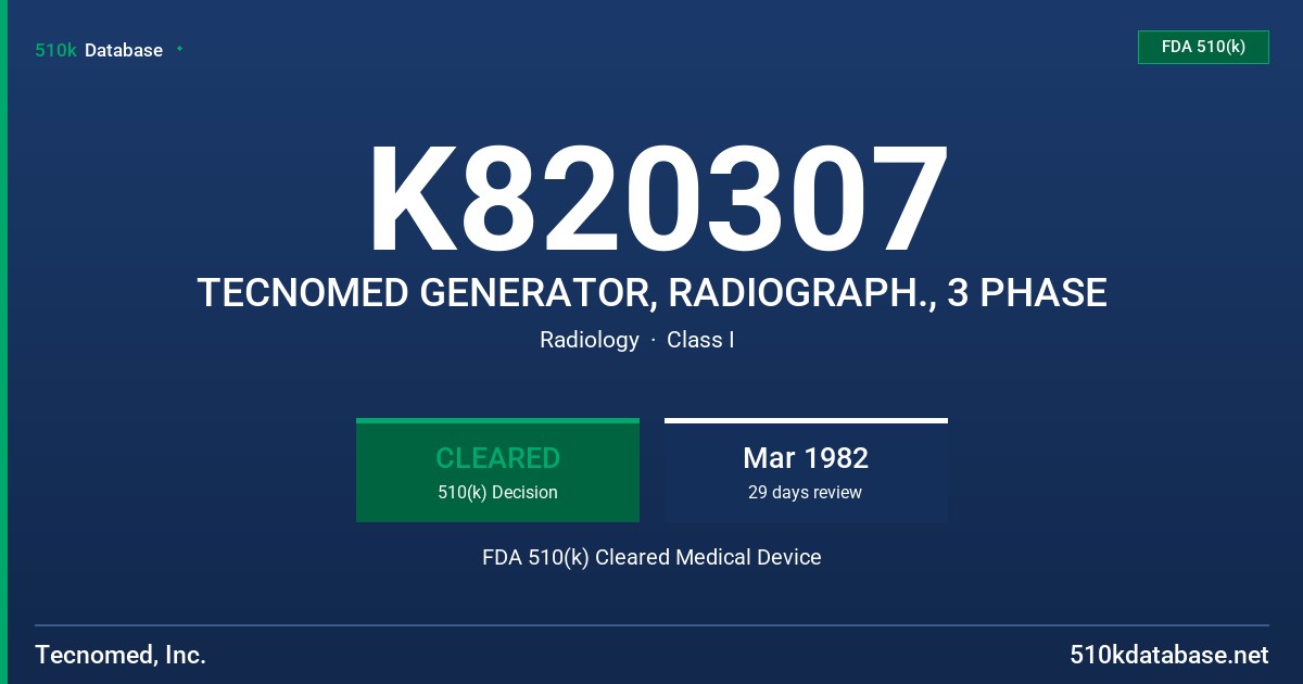 K820307 TECNOMED GENERATOR, RADIOGRAPH., 3 PHASE FDA 510(k) Cleared Medical Device