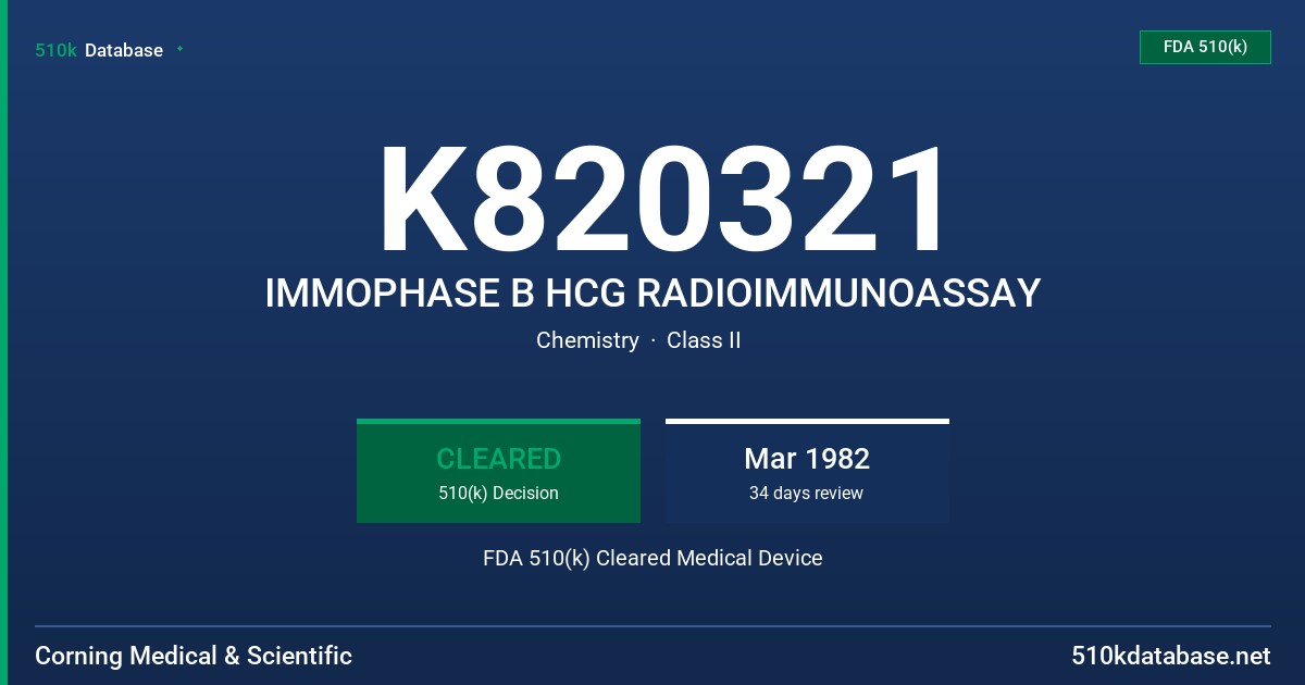 K820321 IMMOPHASE B HCG RADIOIMMUNOASSAY FDA 510(k) Cleared Medical Device