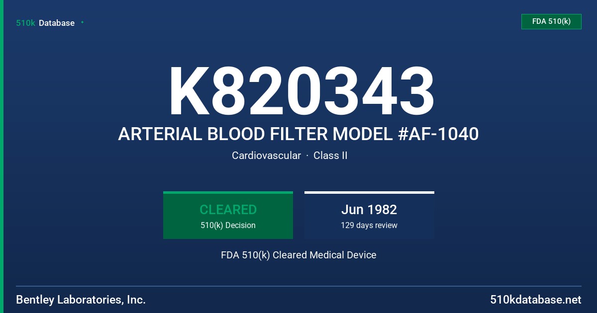 K820343 ARTERIAL BLOOD FILTER MODEL #AF-1040 FDA 510(k) Cleared Medical Device