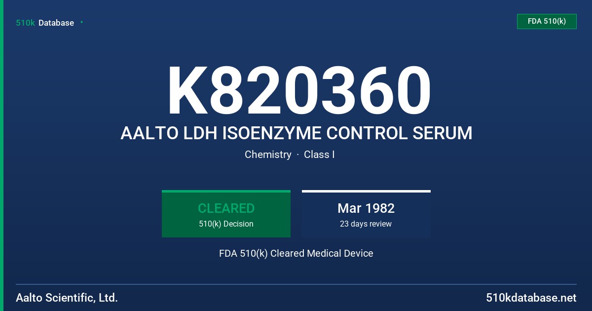 K820360 AALTO LDH ISOENZYME CONTROL SERUM FDA 510(k) Cleared Medical Device