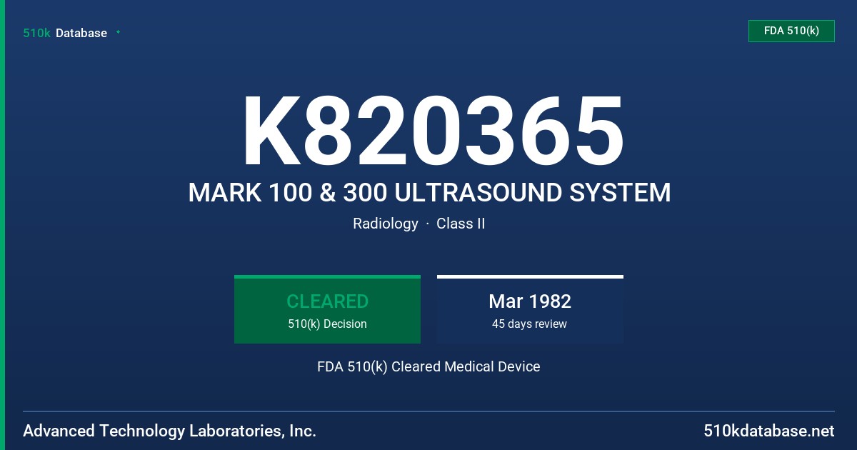 K820365 MARK 100 & 300 ULTRASOUND SYSTEM FDA 510(k) Cleared Medical Device
