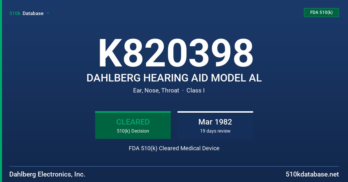K820398 DAHLBERG HEARING AID MODEL AL FDA 510(k) Cleared Medical Device