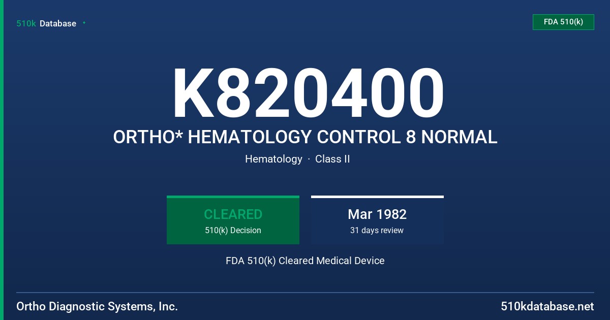K820400 ORTHO* HEMATOLOGY CONTROL 8 NORMAL FDA 510(k) Cleared Medical Device