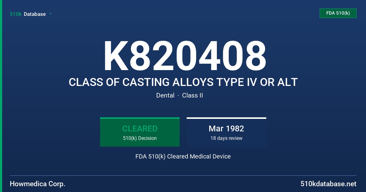 K820408 CLASS OF CASTING ALLOYS TYPE IV OR ALT FDA 510(k) Cleared Medical Device