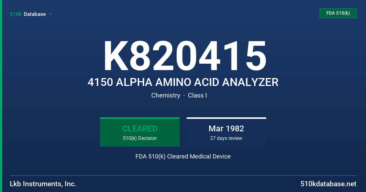 K820415 4150 ALPHA AMINO ACID ANALYZER FDA 510(k) Cleared Medical Device