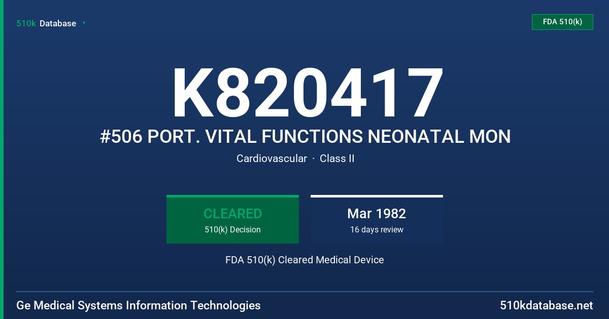 K820417 #506 PORT. VITAL FUNCTIONS NEONATAL MON FDA 510(k) Cleared Medical Device