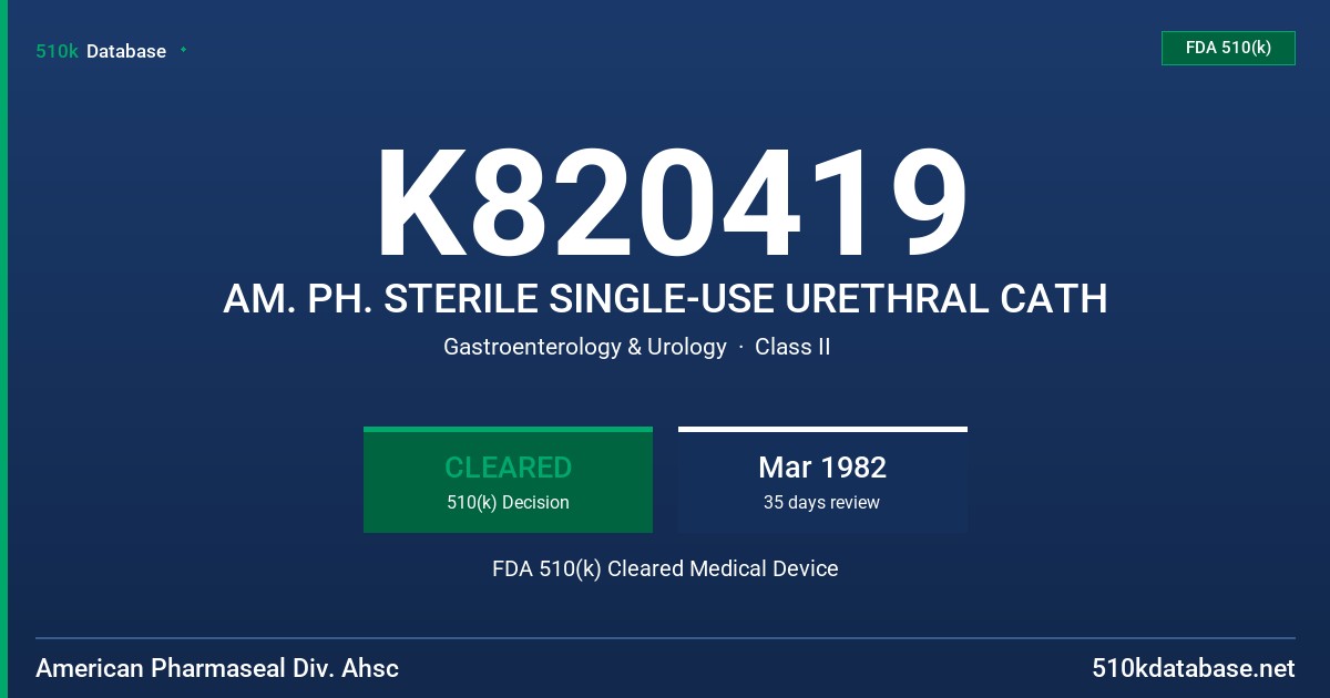 K820419 AM. PH. STERILE SINGLE-USE URETHRAL CATH FDA 510(k) Cleared Medical Device