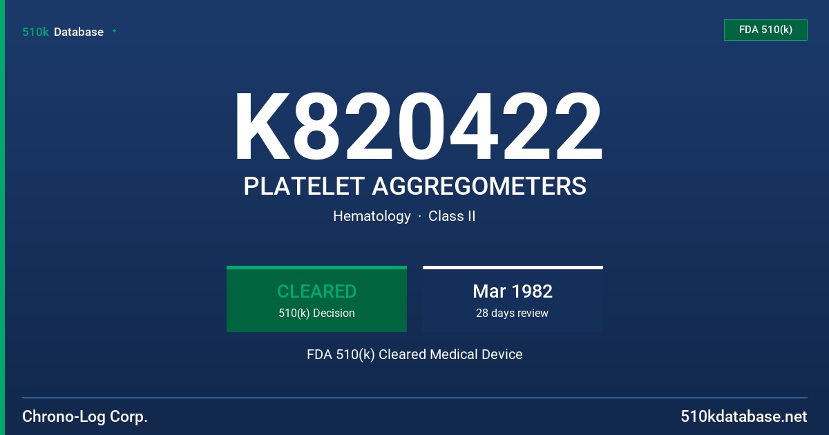 K820422 PLATELET AGGREGOMETERS FDA 510(k) Cleared Medical Device