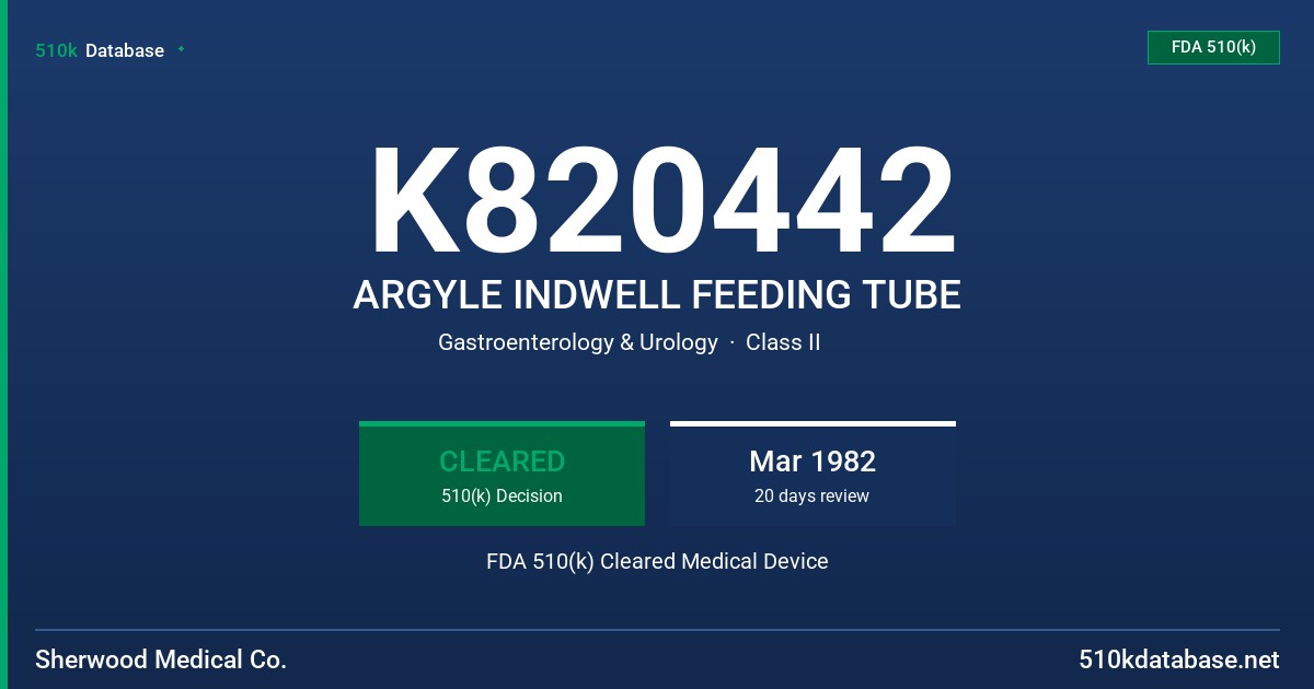 K820442 ARGYLE INDWELL FEEDING TUBE FDA 510(k) Cleared Medical Device