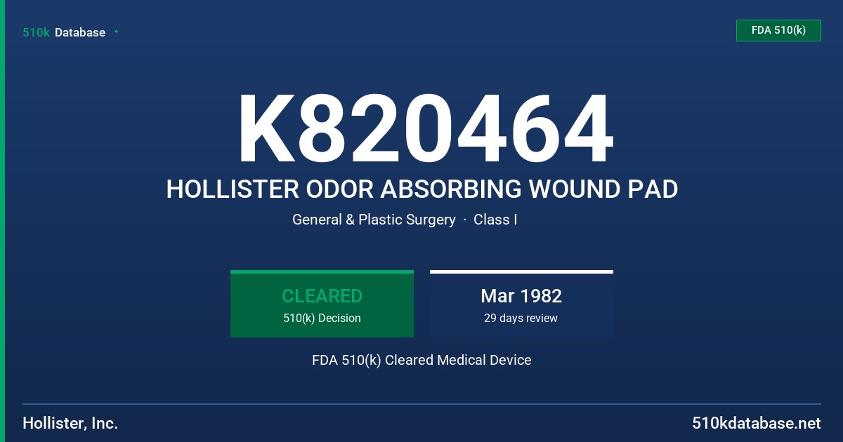 K820464 HOLLISTER ODOR ABSORBING WOUND PAD FDA 510(k) Cleared Medical Device