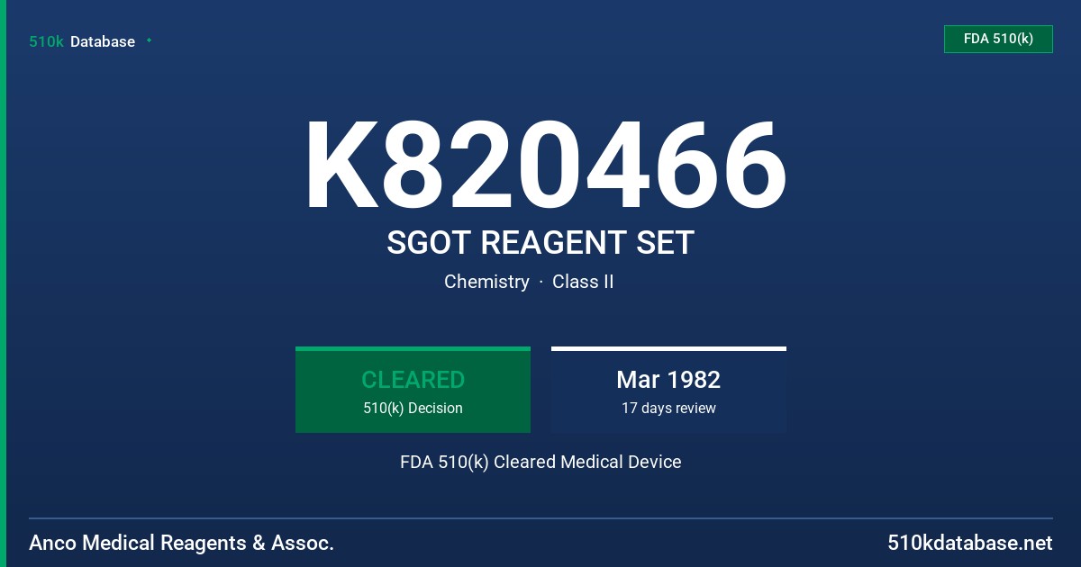 K820466 SGOT REAGENT SET FDA 510(k) Cleared Medical Device