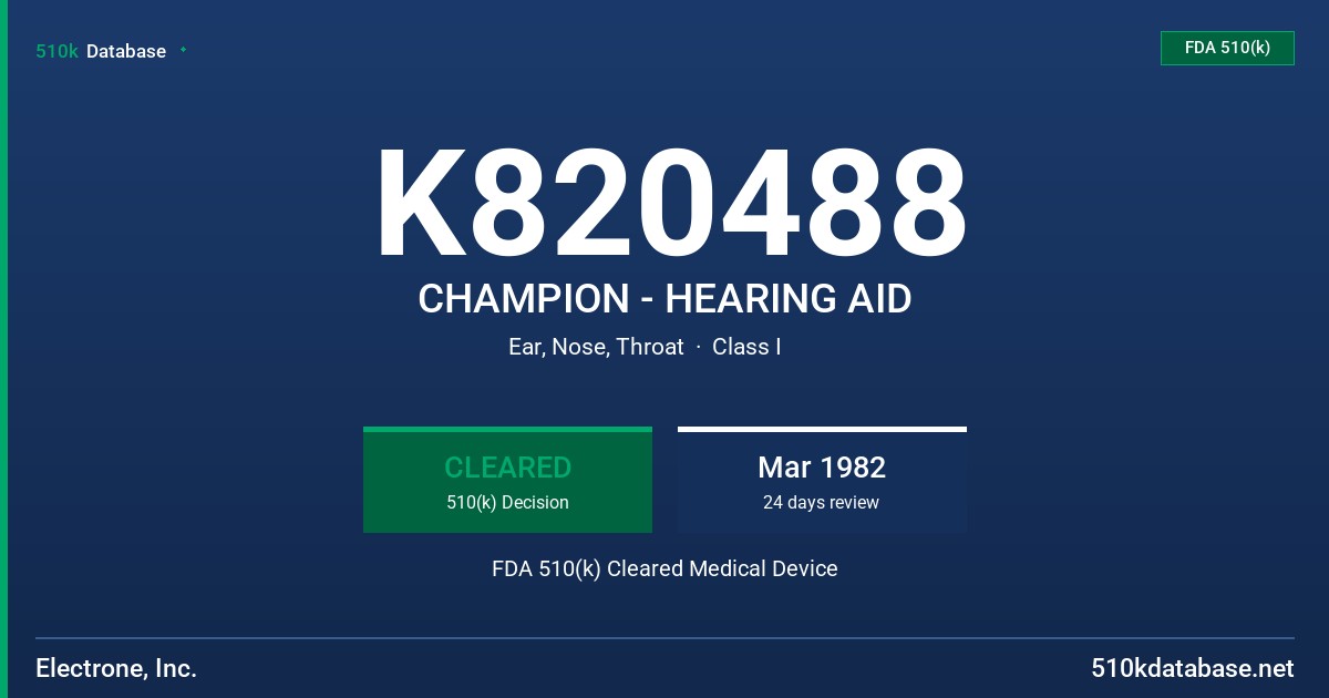 K820488 CHAMPION - HEARING AID FDA 510(k) Cleared Medical Device