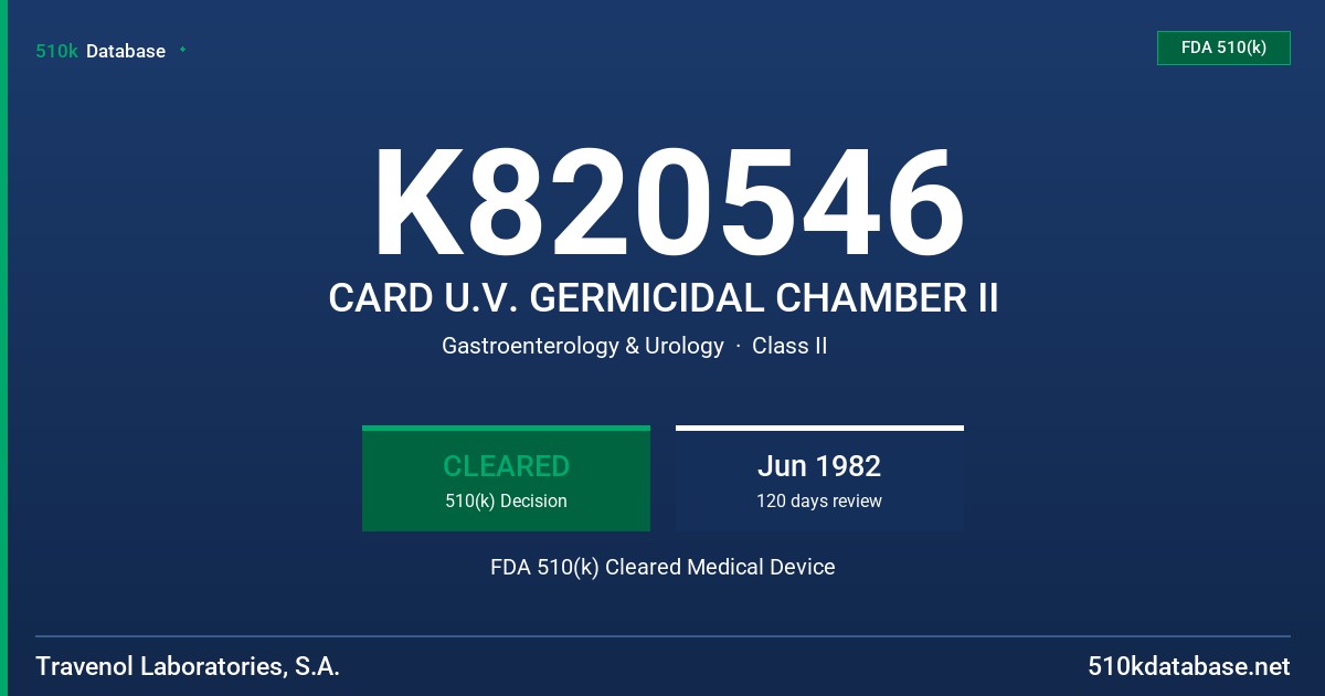 K820546 CARD U.V. GERMICIDAL CHAMBER II FDA 510(k) Cleared Medical Device