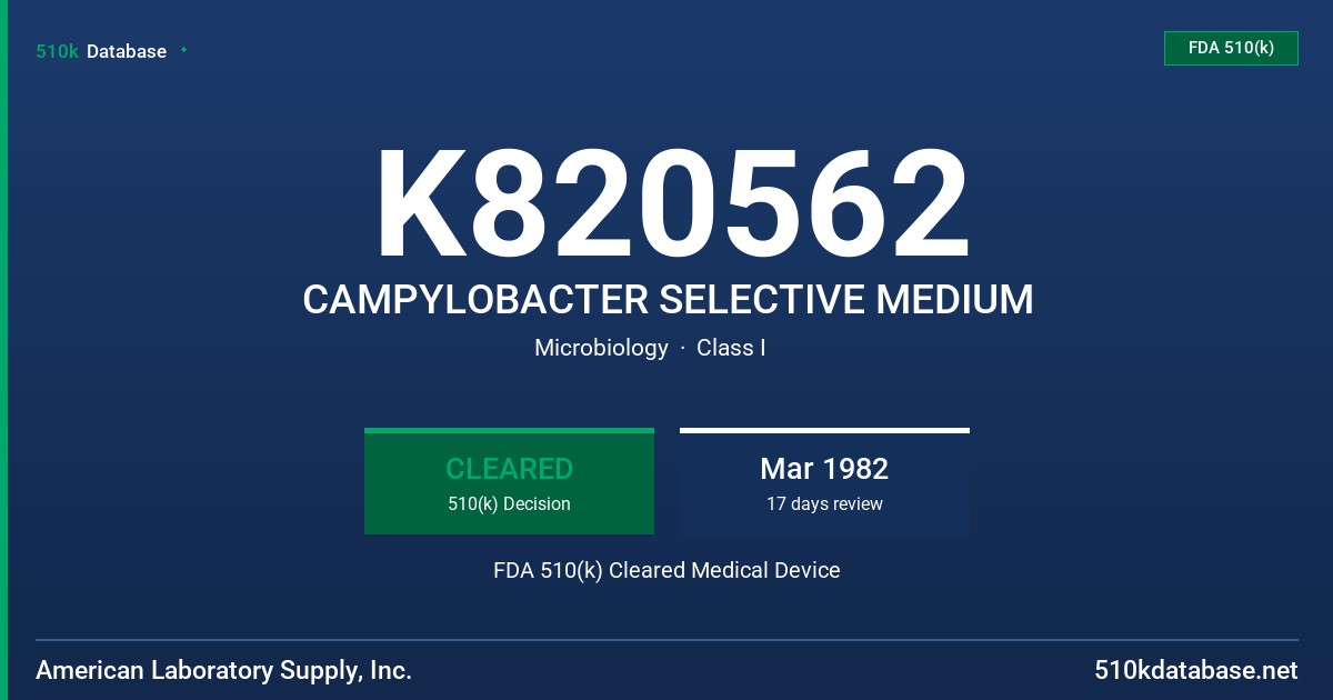 K820562 CAMPYLOBACTER SELECTIVE MEDIUM FDA 510(k) Cleared Medical Device
