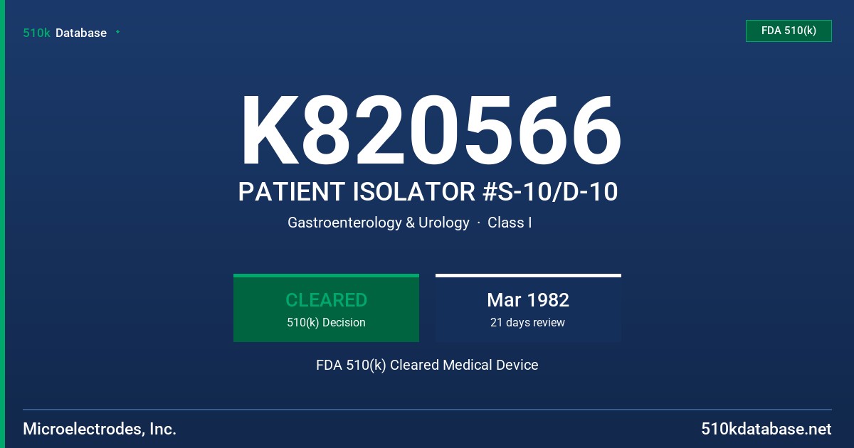K820566 PATIENT ISOLATOR #S-10/D-10 FDA 510(k) Cleared Medical Device