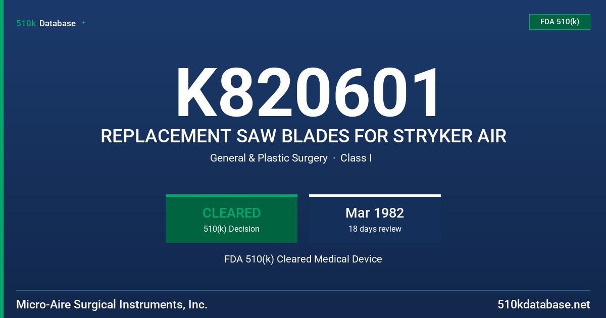 K820601 REPLACEMENT SAW BLADES FOR STRYKER AIR FDA 510(k) Cleared Medical Device