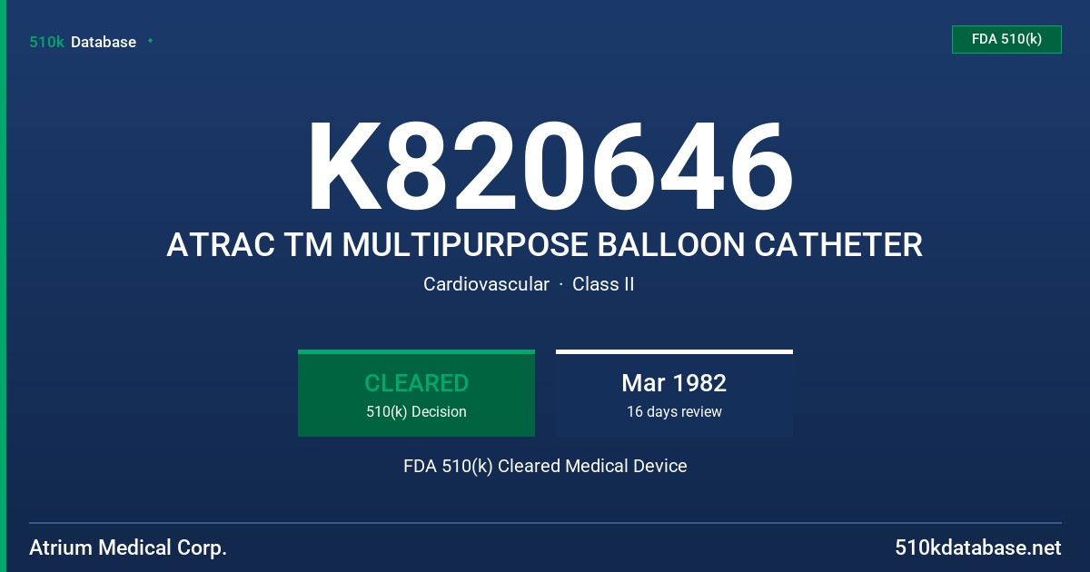 K820646 ATRAC TM MULTIPURPOSE BALLOON CATHETER FDA 510(k) Cleared Medical Device
