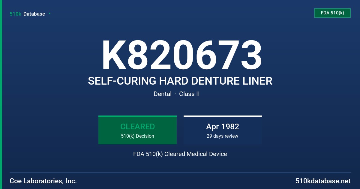 K820673 SELF-CURING HARD DENTURE LINER FDA 510(k) Cleared Medical Device