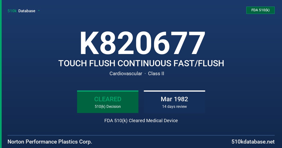 K820677 TOUCH FLUSH CONTINUOUS FAST/FLUSH FDA 510(k) Cleared Medical Device
