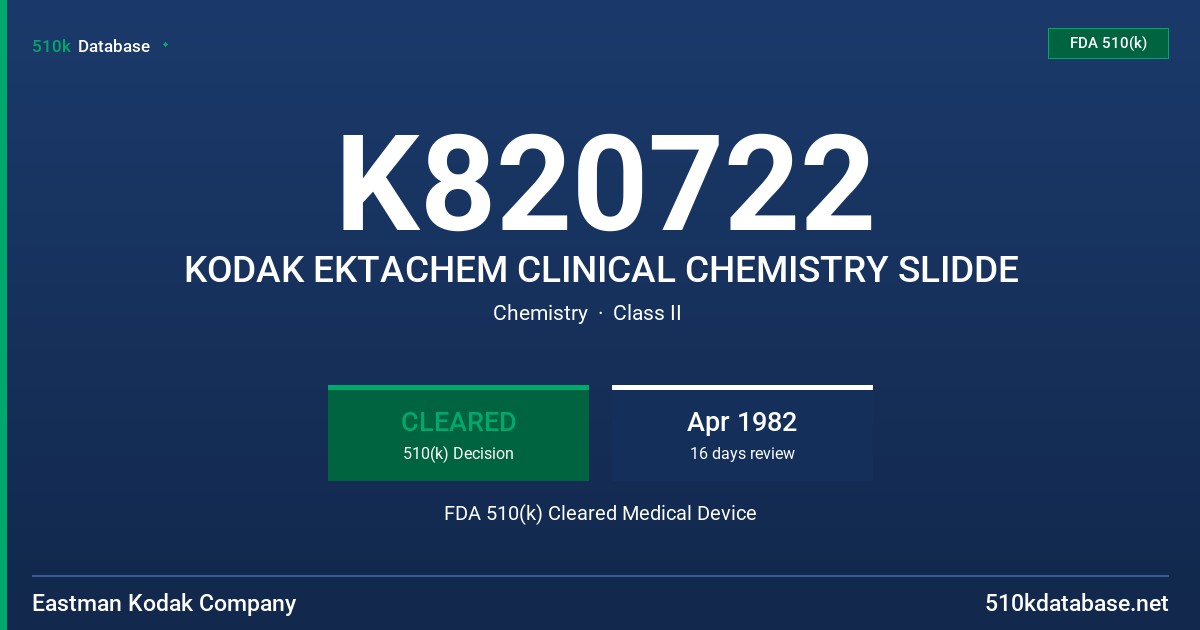 K820722 KODAK EKTACHEM CLINICAL CHEMISTRY SLIDDE FDA 510(k) Cleared Medical Device