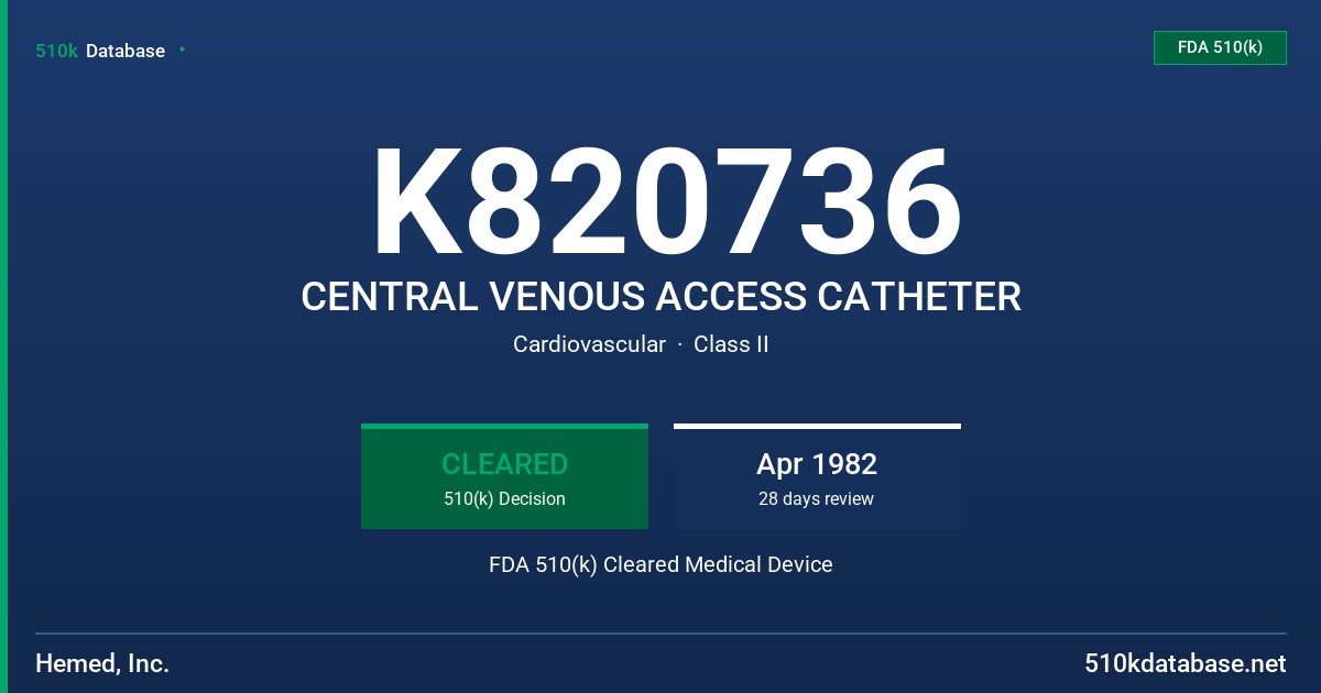 K820736 CENTRAL VENOUS ACCESS CATHETER FDA 510(k) Cleared Medical Device