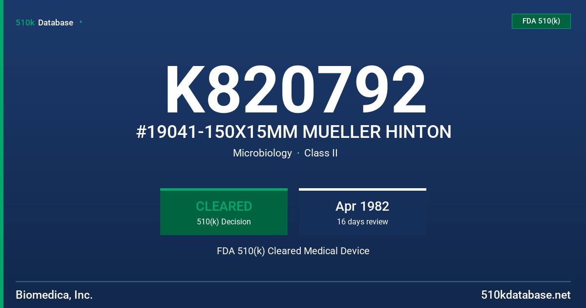 K820792 #19041-150X15MM MUELLER HINTON FDA 510(k) Cleared Medical Device