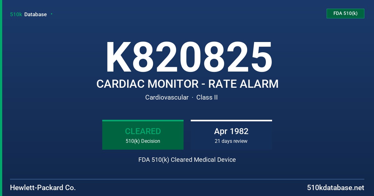K820825 CARDIAC MONITOR - RATE ALARM FDA 510(k) Cleared Medical Device