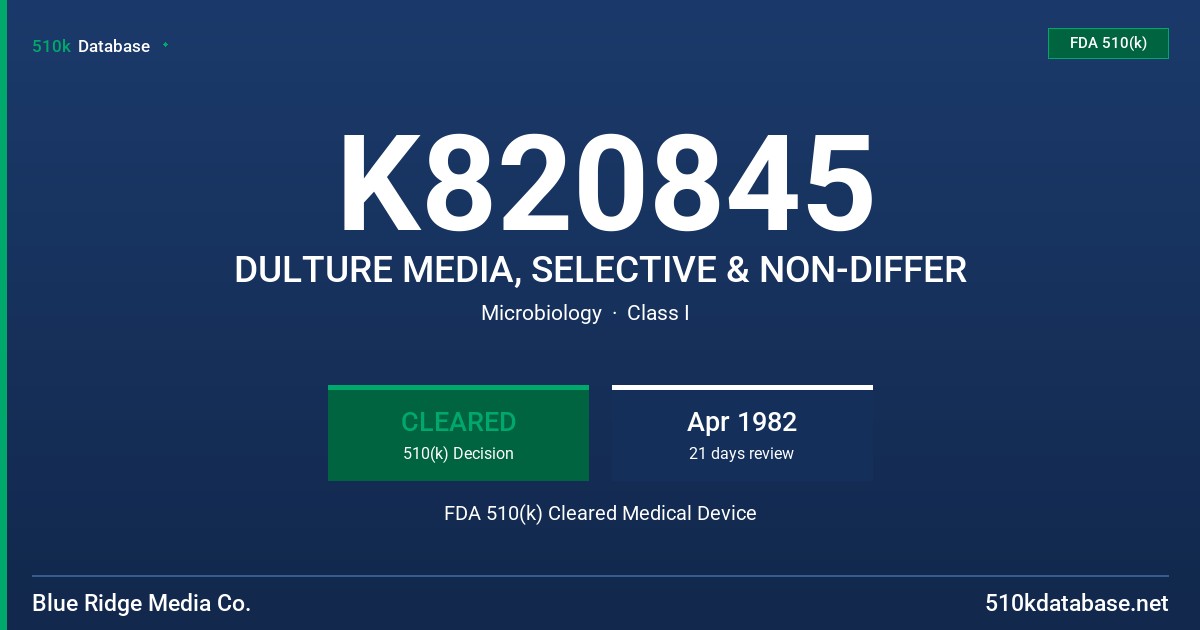K820845 DULTURE MEDIA, SELECTIVE & NON-DIFFER FDA 510(k) Cleared Medical Device