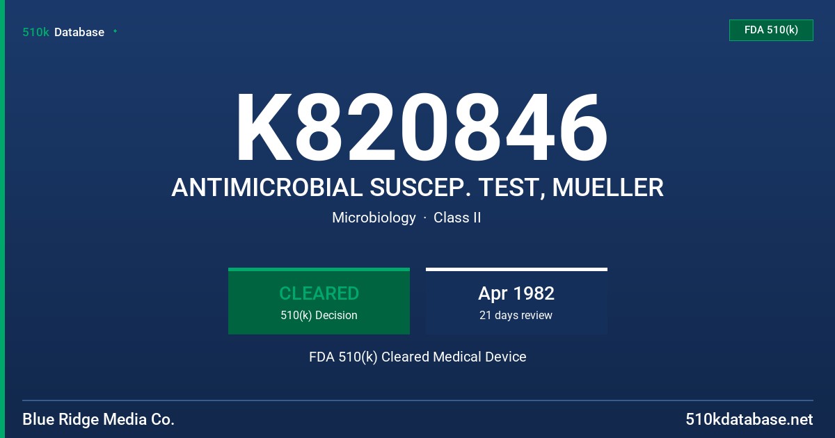 K820846 ANTIMICROBIAL SUSCEP. TEST, MUELLER FDA 510(k) Cleared Medical Device