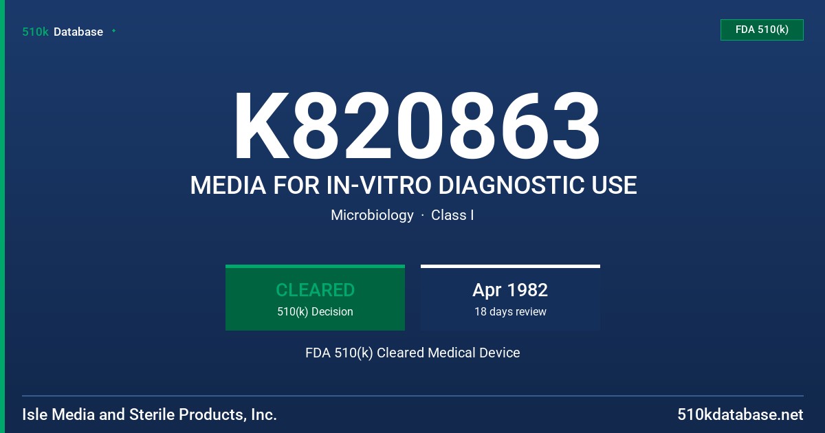 K820863 MEDIA FOR IN-VITRO DIAGNOSTIC USE FDA 510(k) Cleared Medical Device