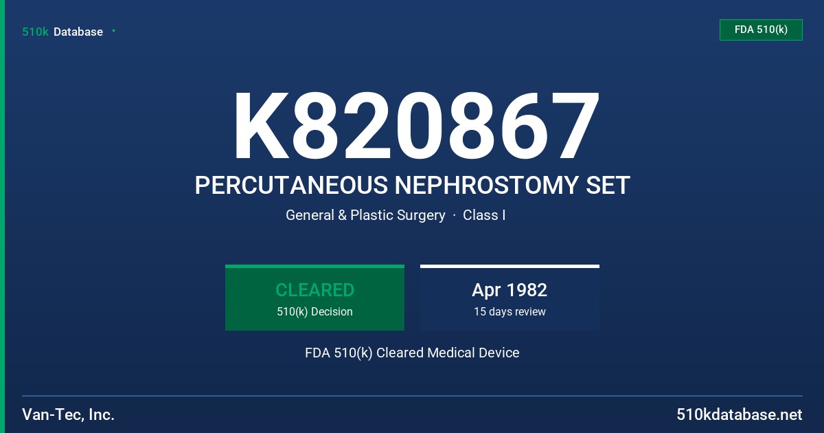 K820867 PERCUTANEOUS NEPHROSTOMY SET FDA 510(k) Cleared Medical Device