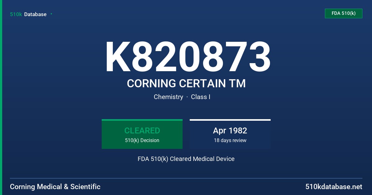 K820873 CORNING CERTAIN TM FDA 510(k) Cleared Medical Device