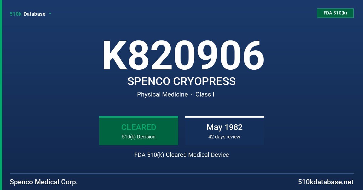 K820906 SPENCO CRYOPRESS FDA 510(k) Cleared Medical Device